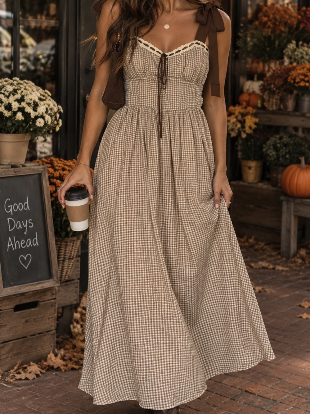 Blu Pepper Brown Gingham Maxi Dress with Cream Trim